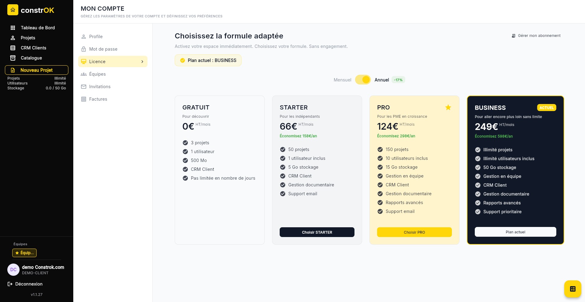 tableau des tarifs du logiciel ConstrOK