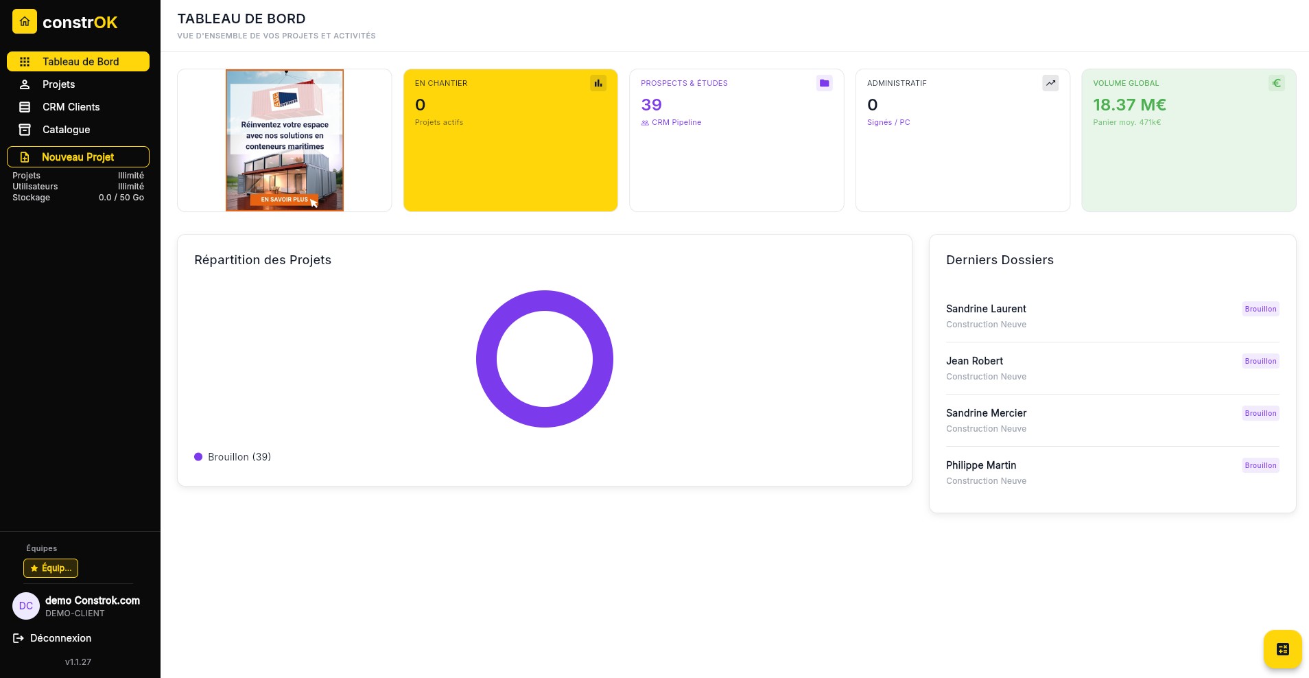 Tableau de bord du logiciel ConstrOK