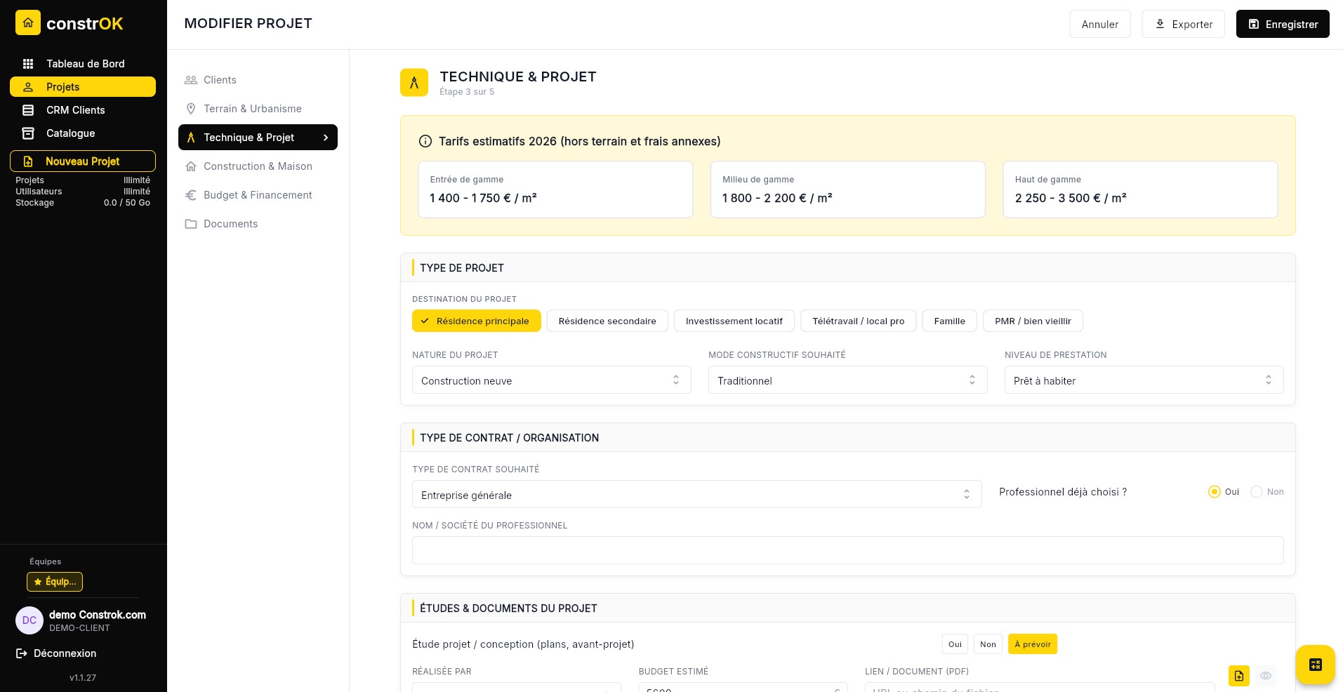 Interface du module Technique et Projet de l'ERP ConstrOK montrant les options de configuration d'un projet de construction : type de projet, destination, mode constructif, niveau de prestation, tarifs estimatifs 2026 au mètre carré et type de contrat